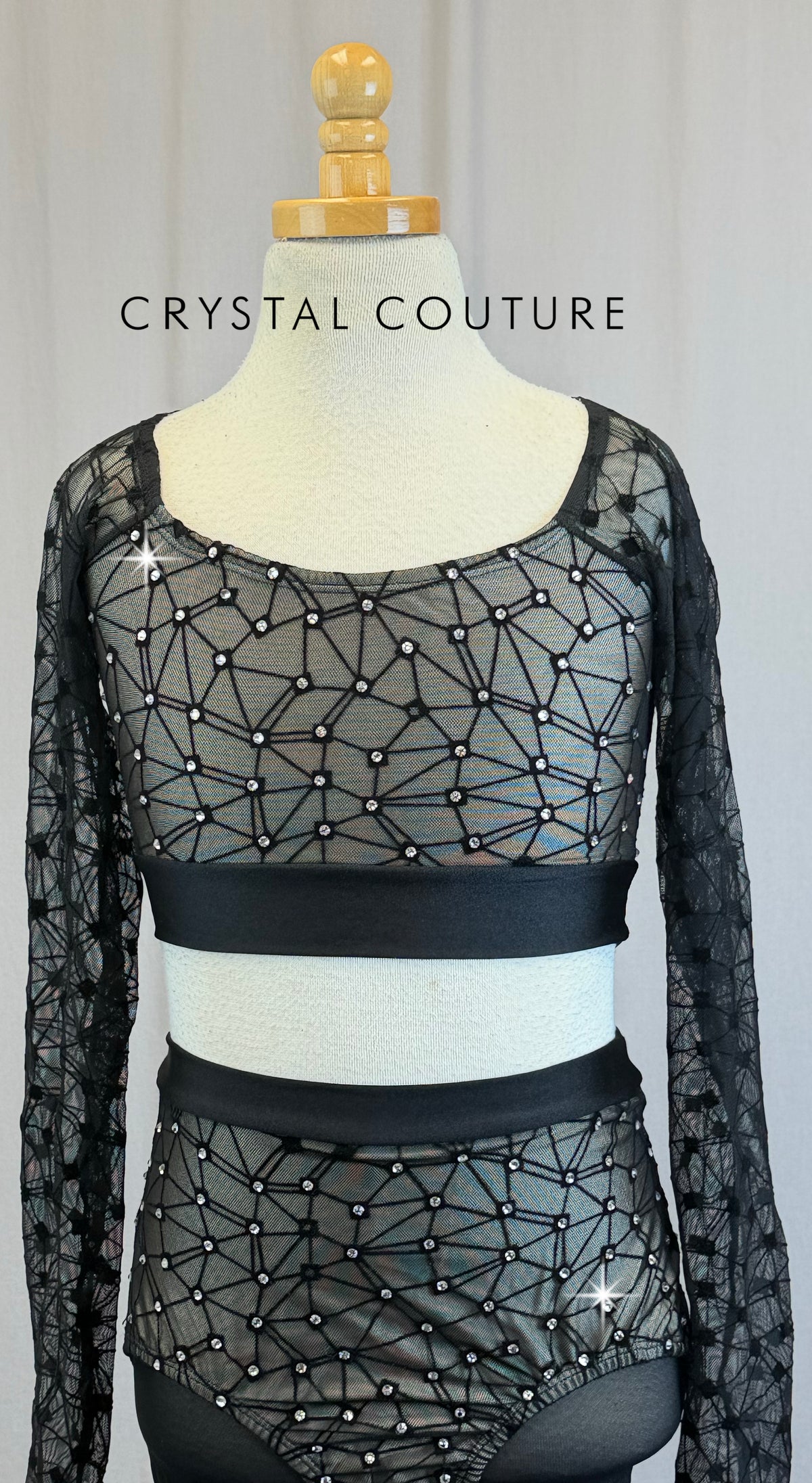 Black Mesh Geometric Long Sleeve and Brief with Mesh Leggings Two-Piece Set- Rhinestones