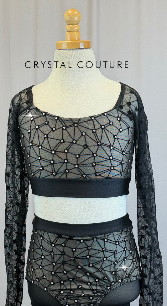 Black Mesh Geometric Long Sleeve and Brief with Mesh Leggings Two-Piece Set- Rhinestones
