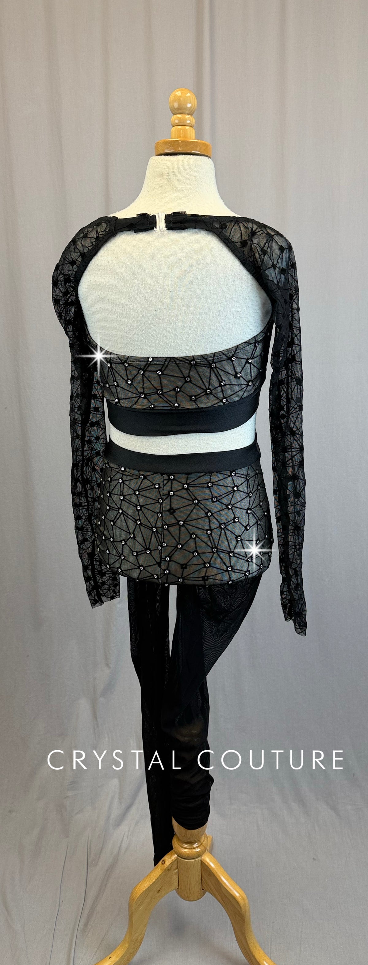 Black Mesh Geometric Long Sleeve and Brief with Mesh Leggings Two-Piece Set- Rhinestones