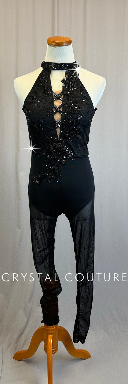 *Custom* Black Lace and Mesh Halter Neck Unitard - Rhinestones