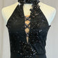 *Custom* Black Lace and Mesh Halter Neck Unitard - Rhinestones