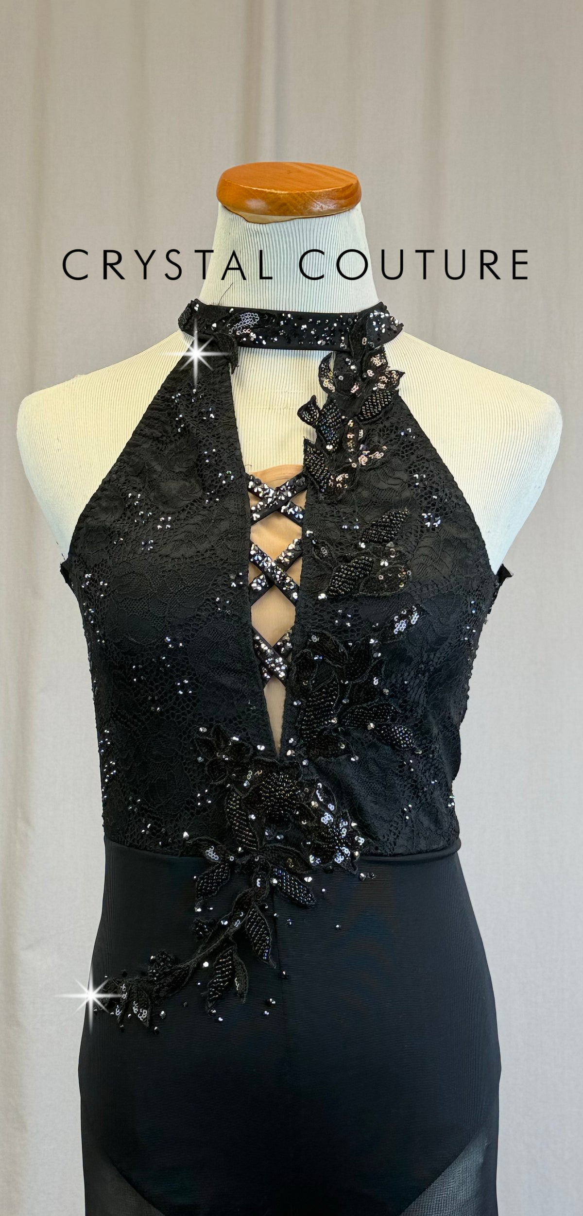 *Custom* Black Lace and Mesh Halter Neck Unitard - Rhinestones