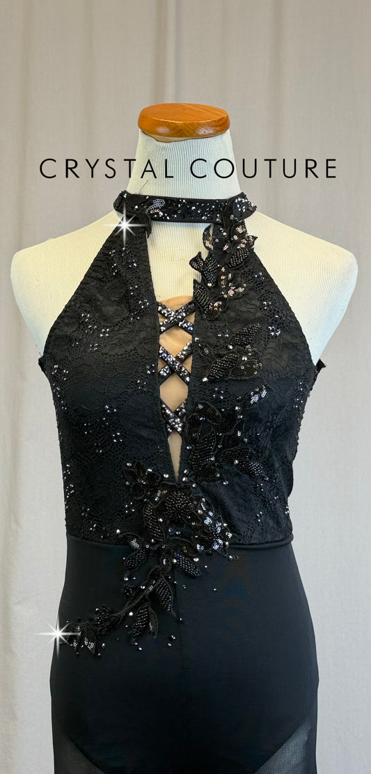 *Custom* Black Lace and Mesh Halter Neck Unitard - Rhinestones