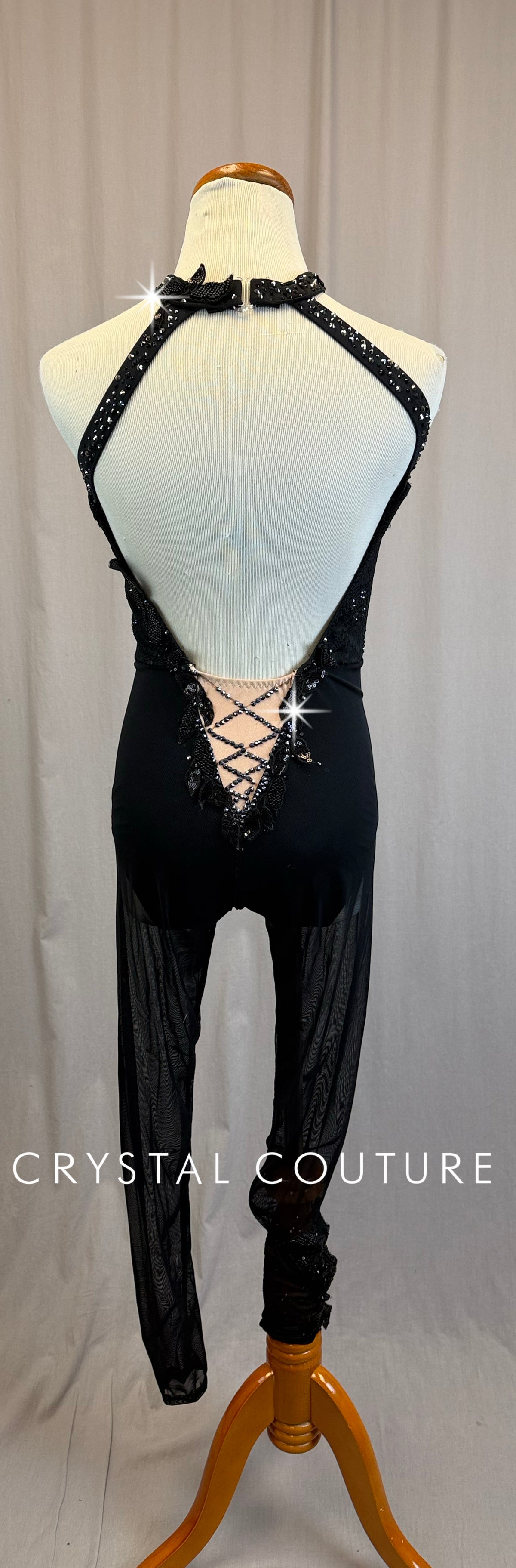 *Custom* Black Lace and Mesh Halter Neck Unitard - Rhinestones