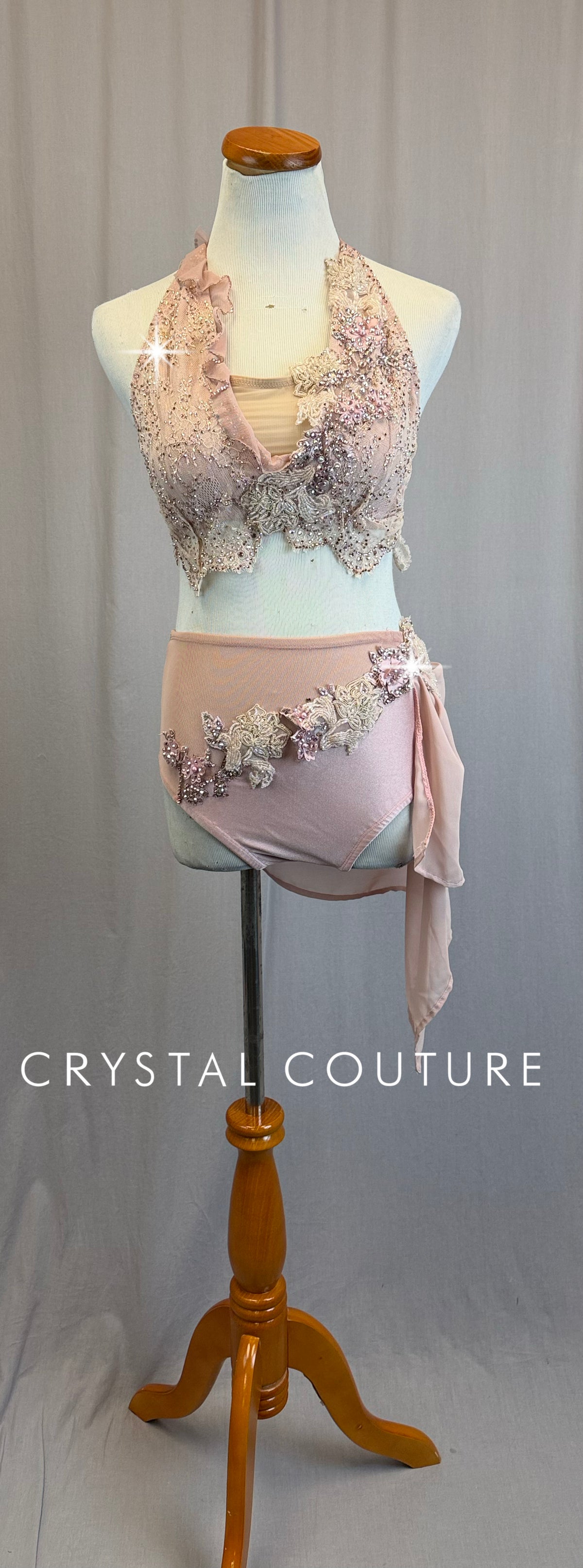 *Custom* Dusty Pink Chiffon and Lace Crop Top and Skirt Two-Piece Set