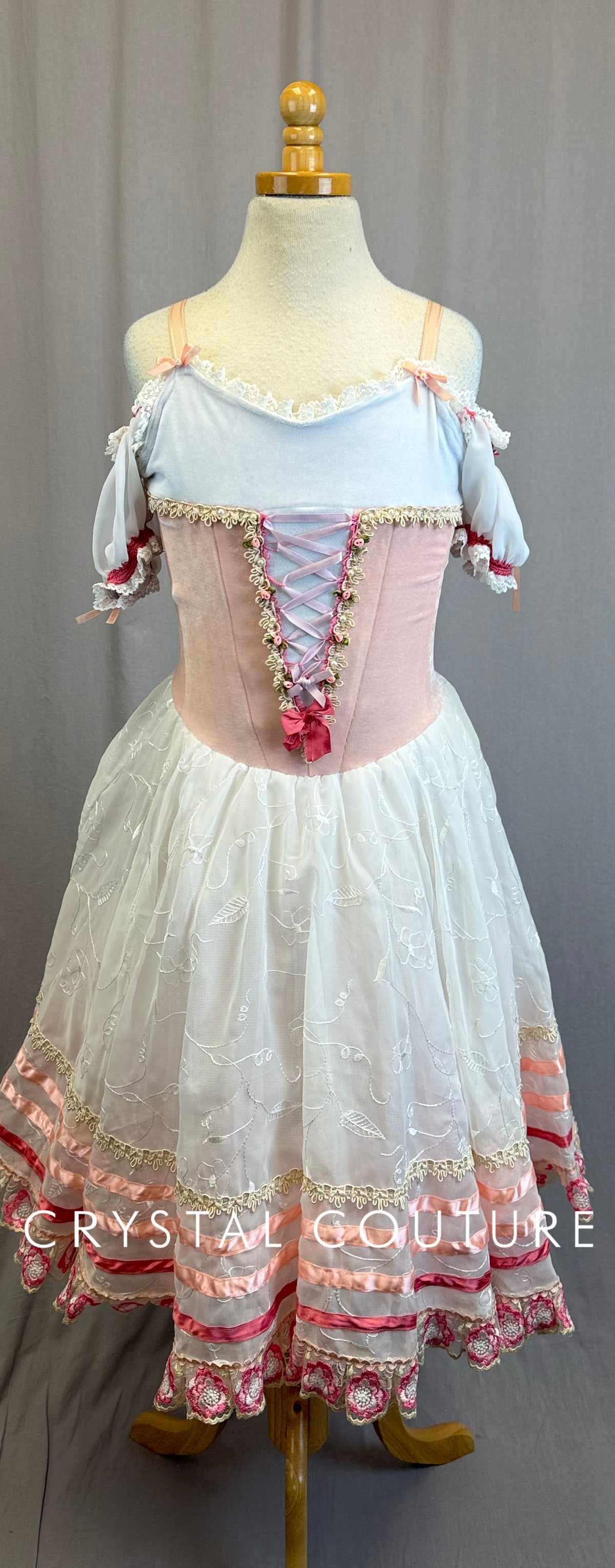 Pink and White Lace Off The Shoulder Romantic Ballet Dress with Faux Corset