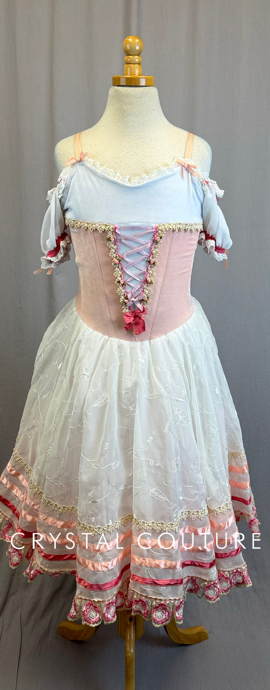 Pink and White Lace Off The Shoulder Romantic Ballet Dress with Faux Corset