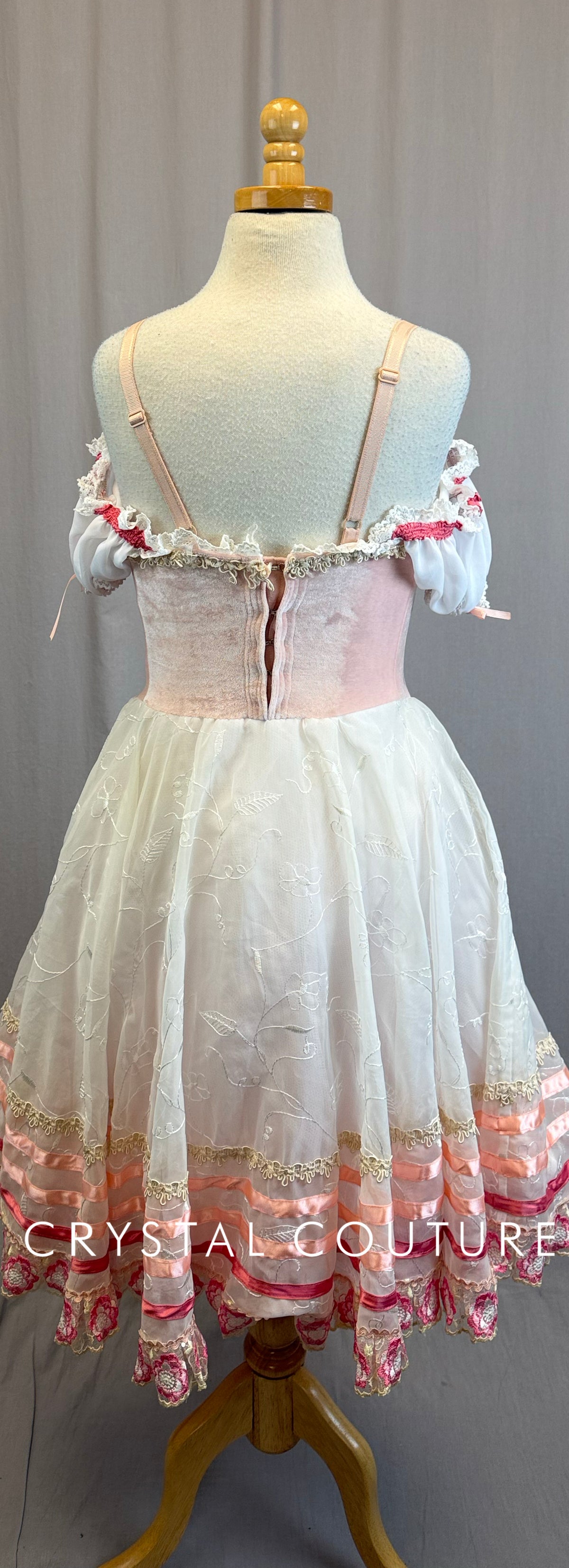 Pink and White Lace Off The Shoulder Romantic Ballet Dress with Faux Corset