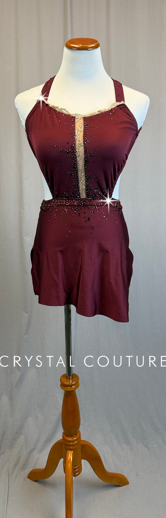 *Custom* Burgundy Strappy Sleek Asymetrical Dress - Rhinestones