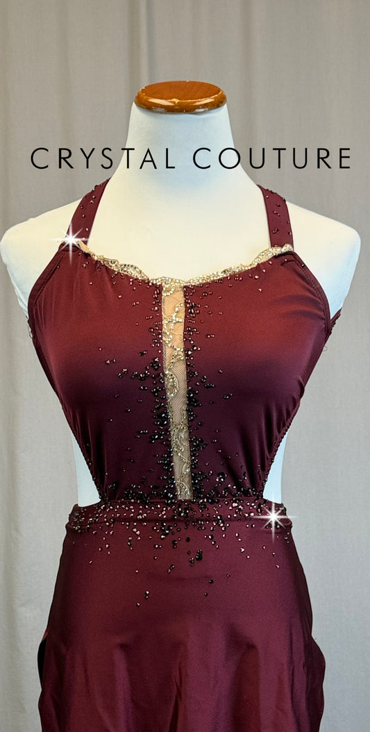 *Custom* Burgundy Strappy Sleek Asymetrical Dress - Rhinestones