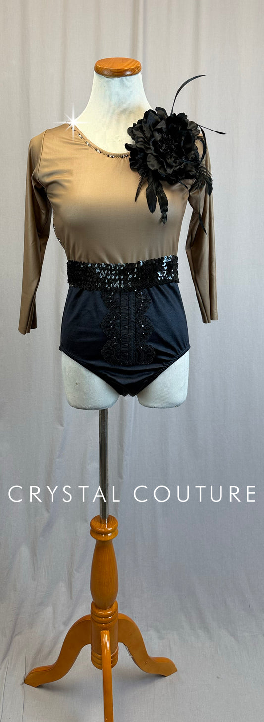 *Custom* Taupe and Black 3/4 Sleeve Leotard with Floral Accents - Rhinestones
