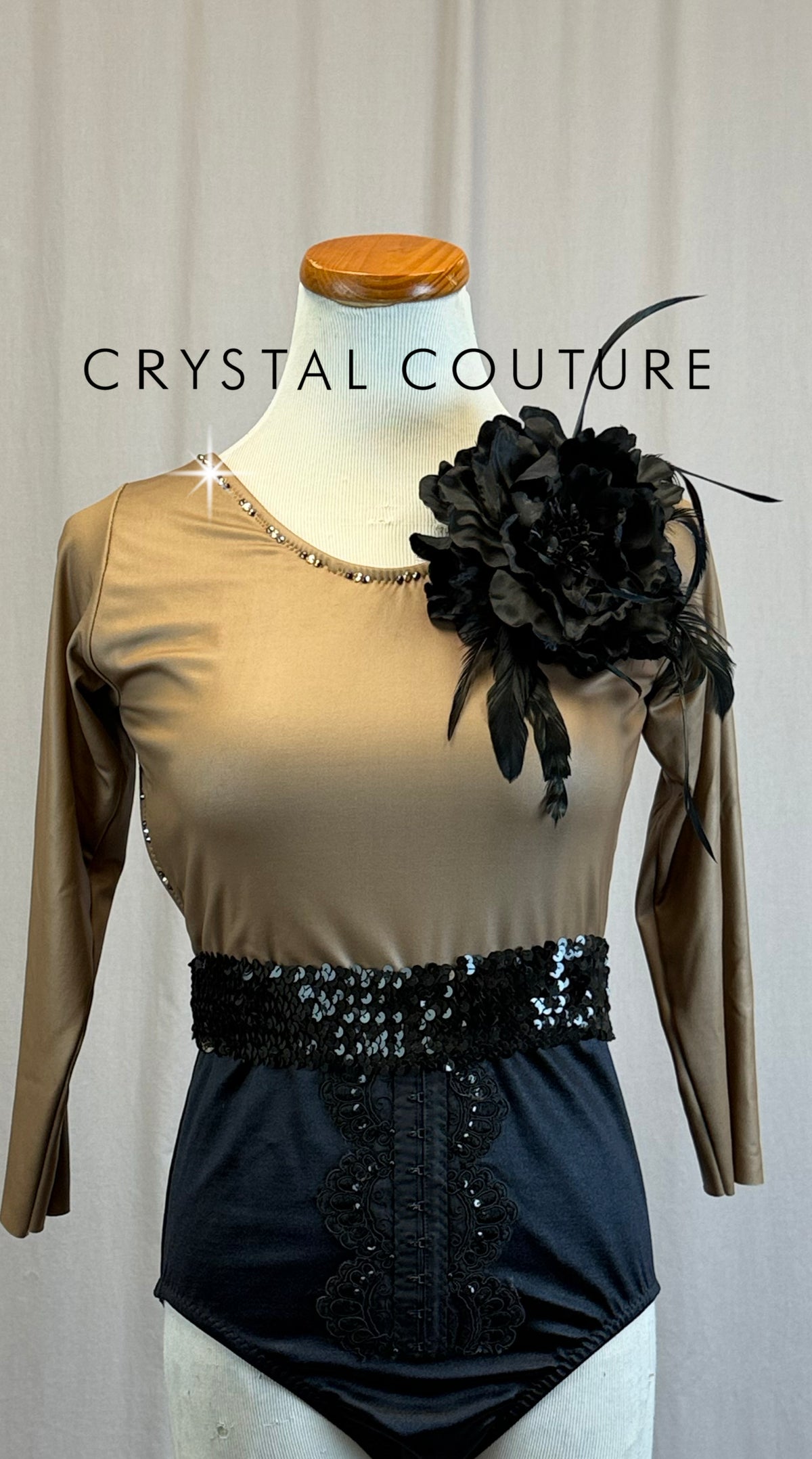 *Custom* Taupe and Black 3/4 Sleeve Leotard with Floral Accents - Rhinestones