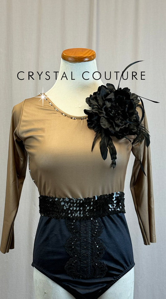 *Custom* Taupe and Black 3/4 Sleeve Leotard with Floral Accents - Rhinestones