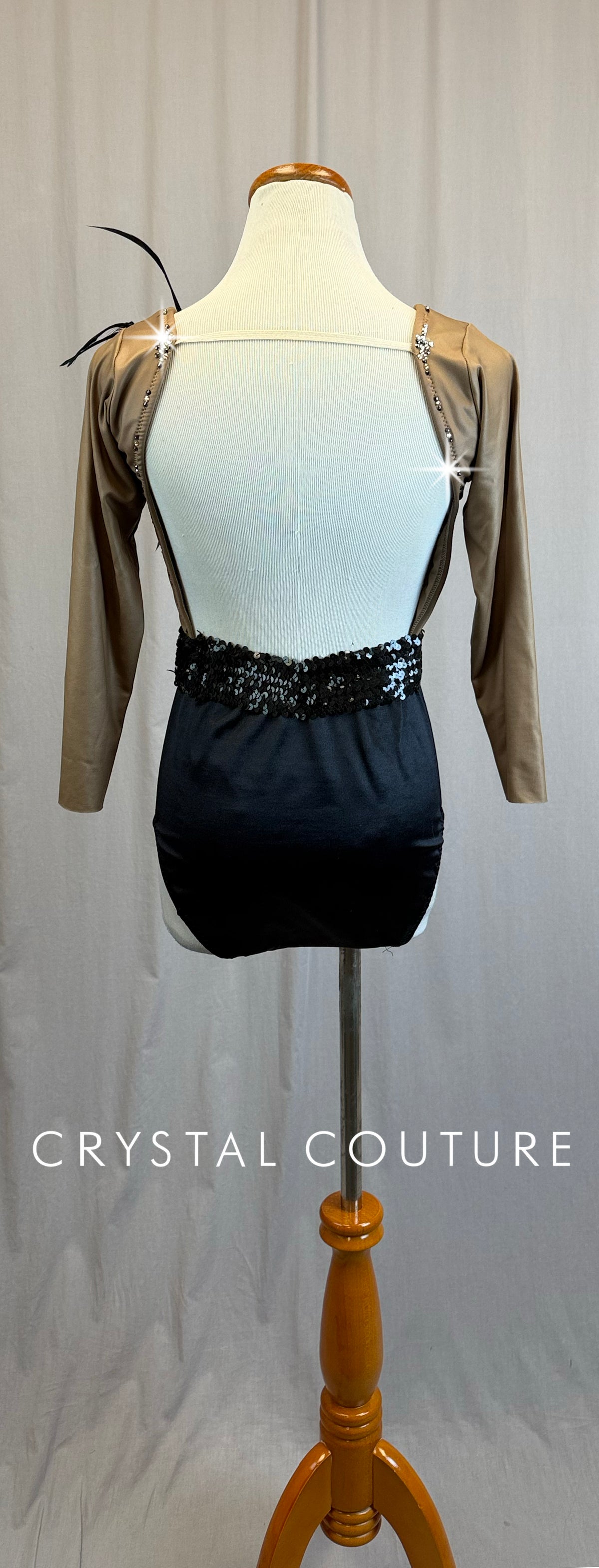 *Custom* Taupe and Black 3/4 Sleeve Leotard with Floral Accents - Rhinestones