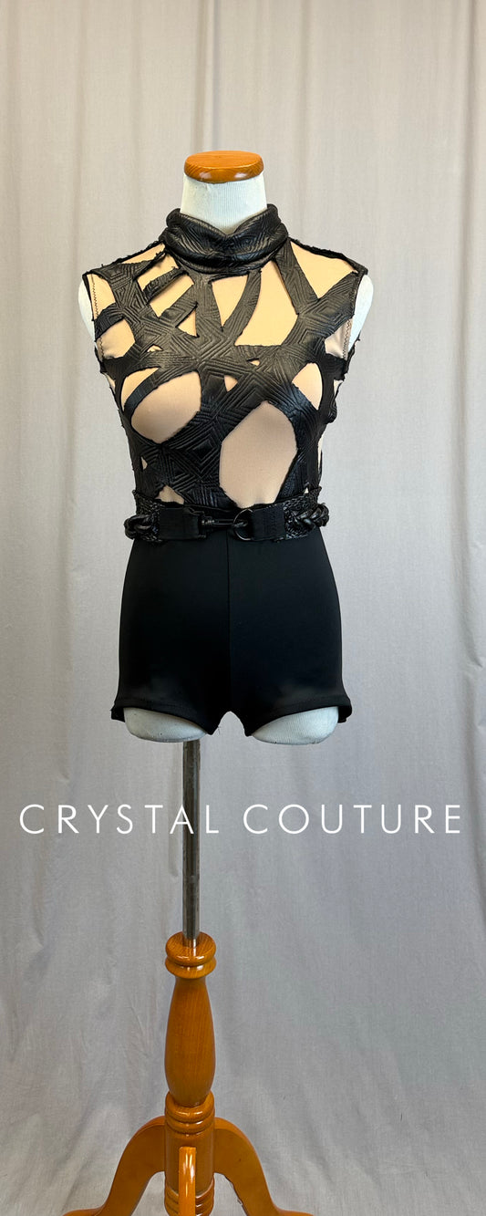 *Custom* Black and Tan Geometric Lattice Biketard with Attached Braided Belt