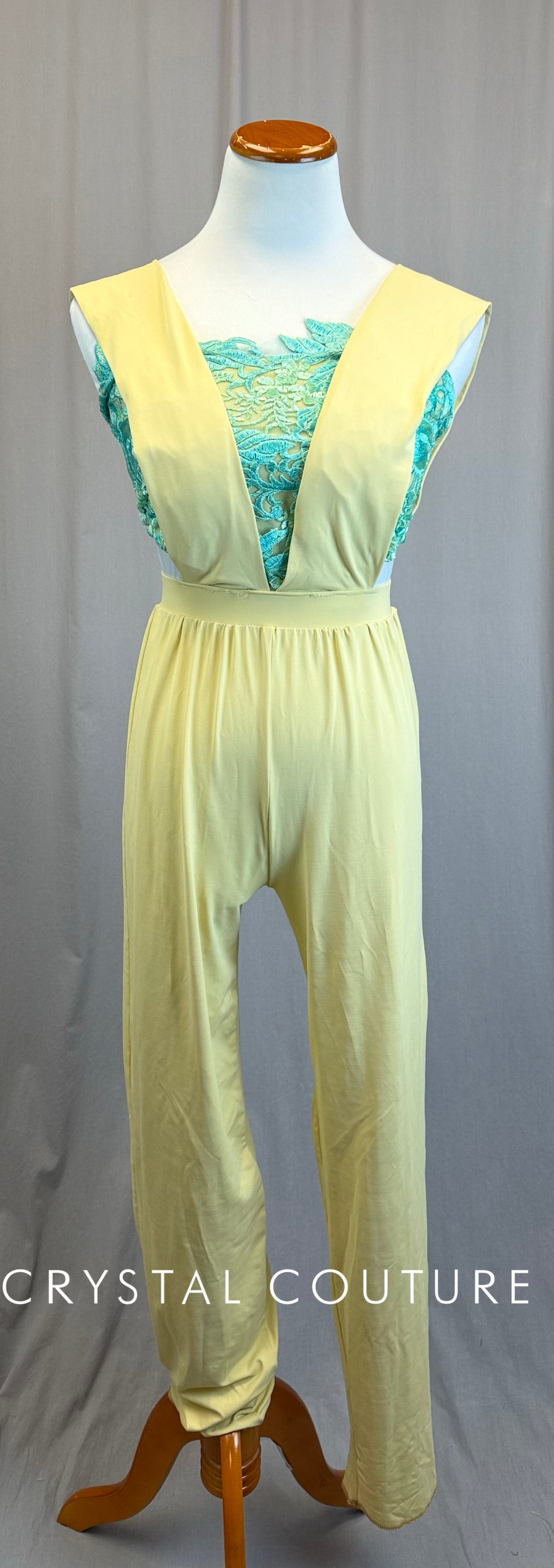 *Custom* Pale Yellow Unitard with Teal Embroidered Top