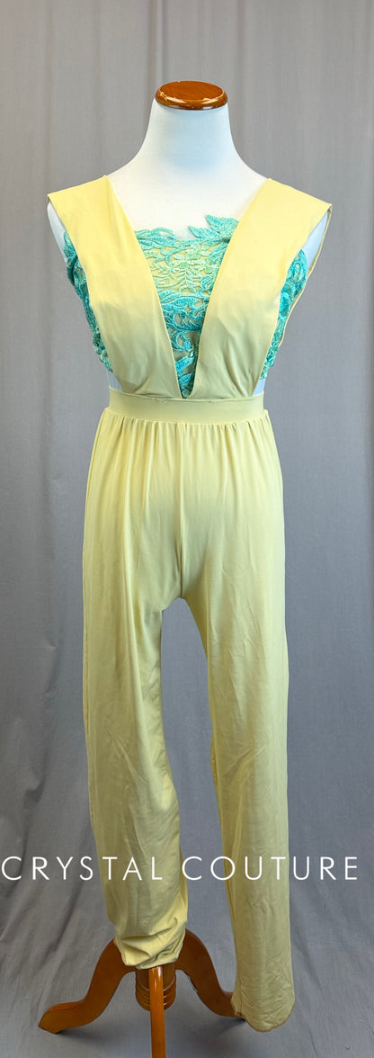 *Custom* Pale Yellow Unitard with Teal Embroidered Top