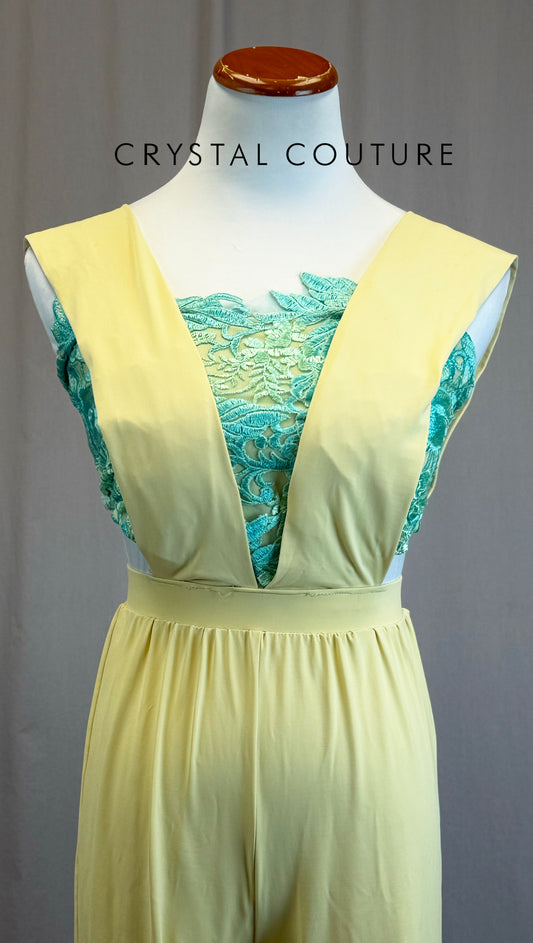 *Custom* Pale Yellow Unitard with Teal Embroidered Top
