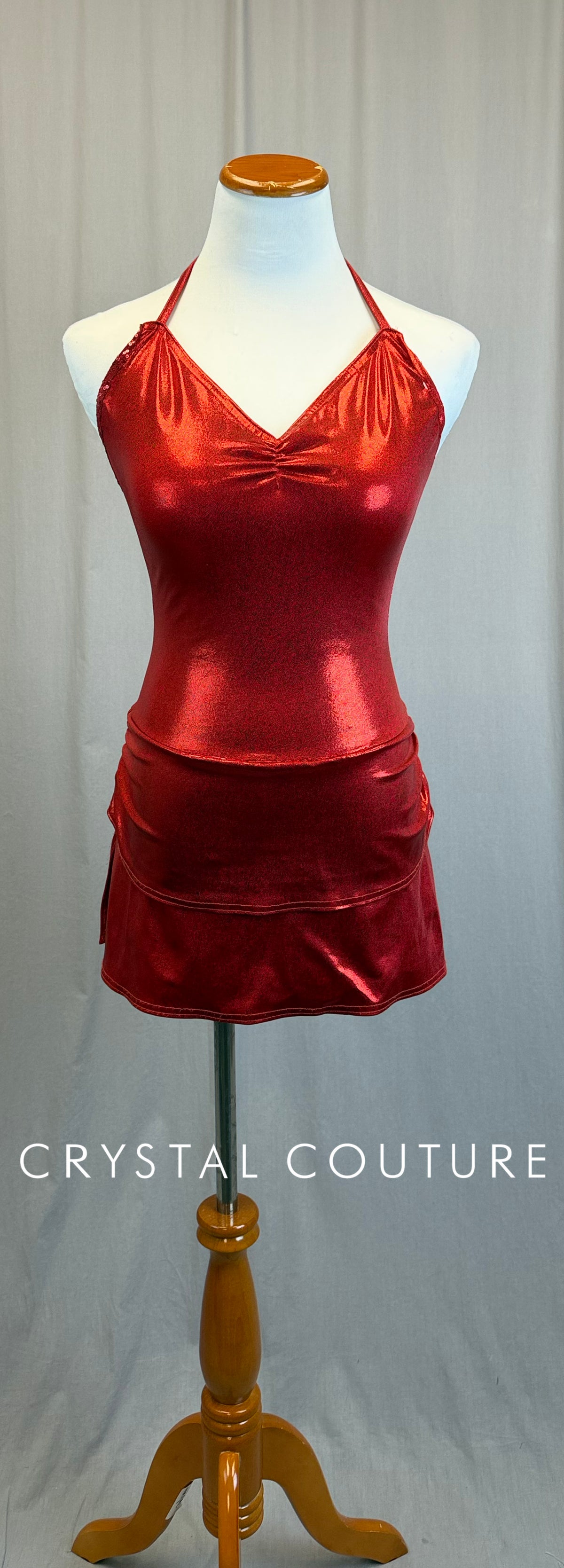 Red Metallic Lycra Biketard Dress with Tiered Skirt