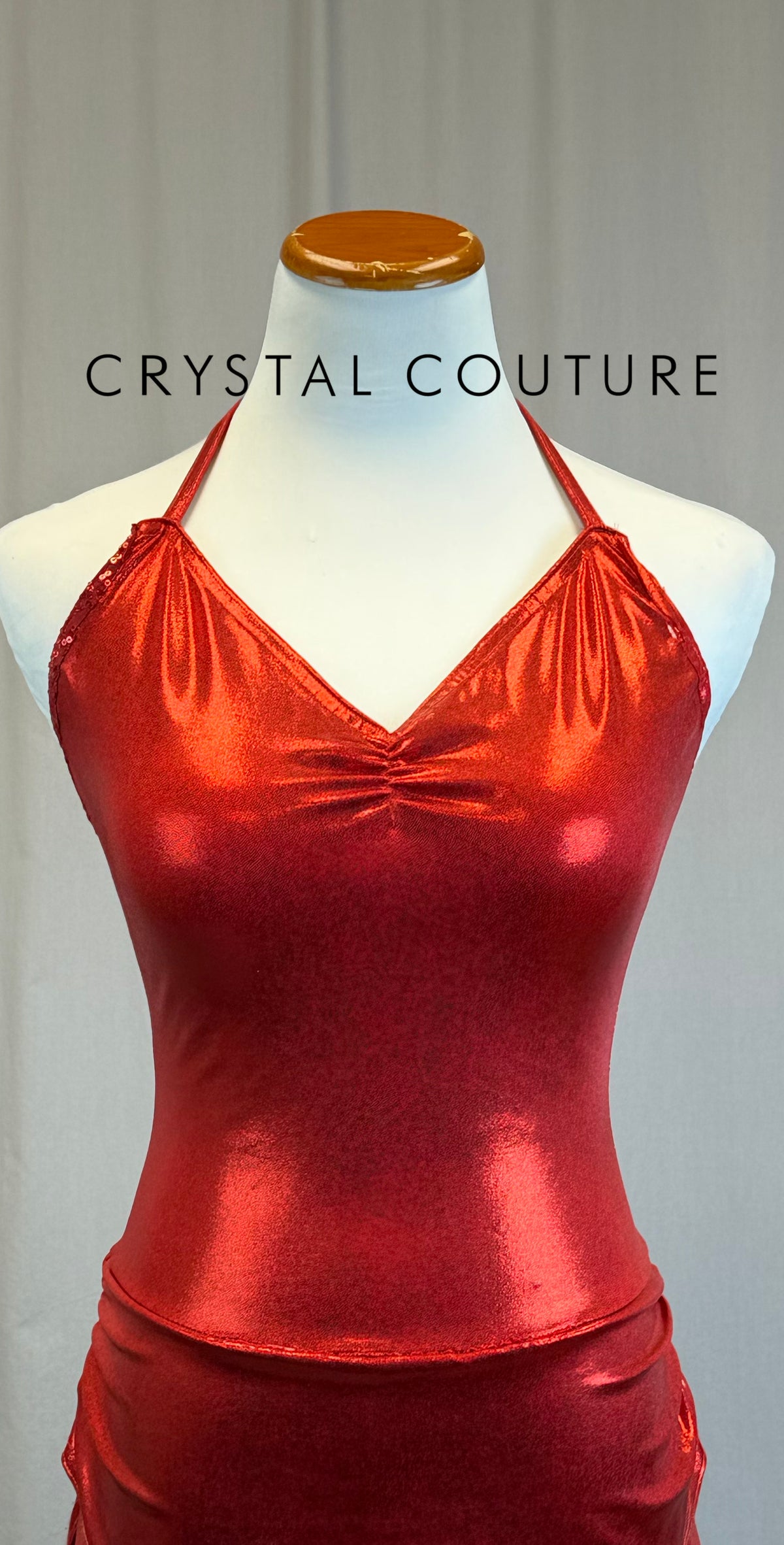 Red Metallic Lycra Biketard Dress with Tiered Skirt