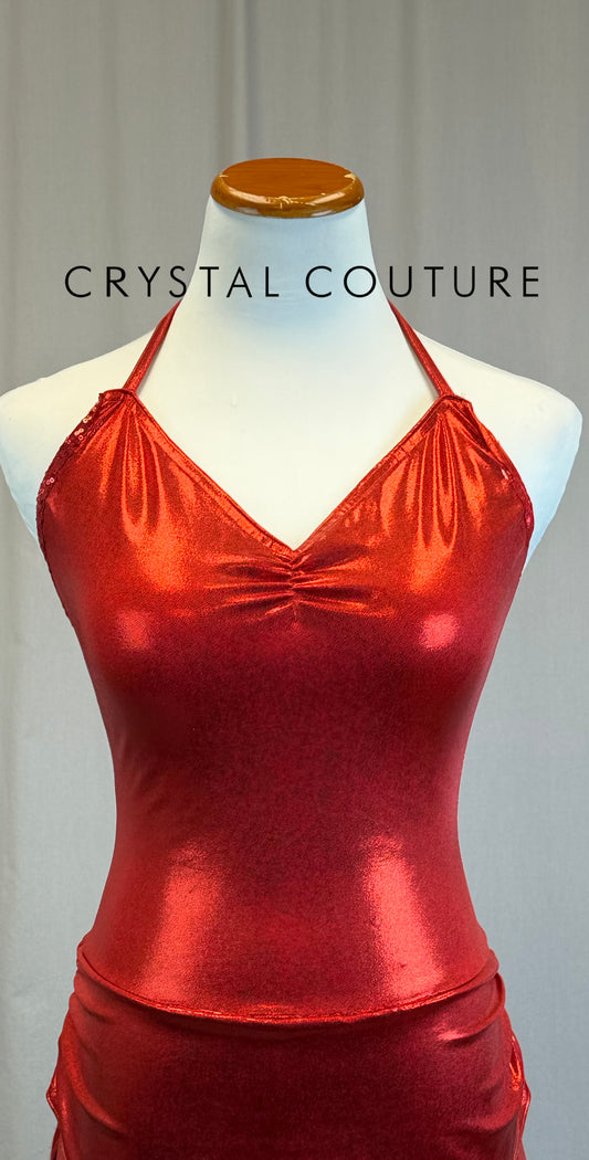 Red Metallic Lycra Biketard Dress with Tiered Skirt