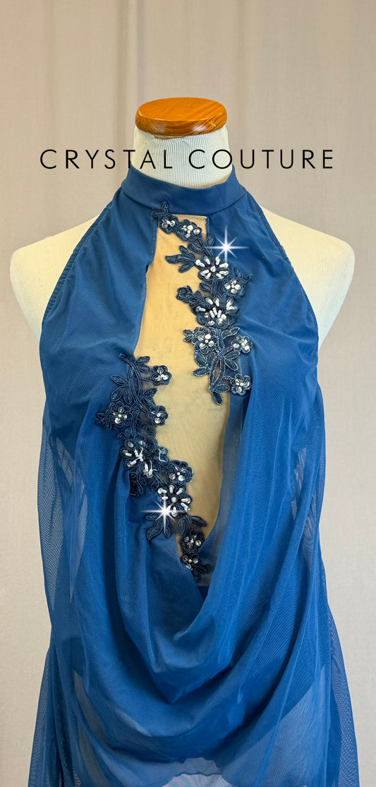 *Custom* Blue Mock Neck Mesh Leotard Dress - Appliques