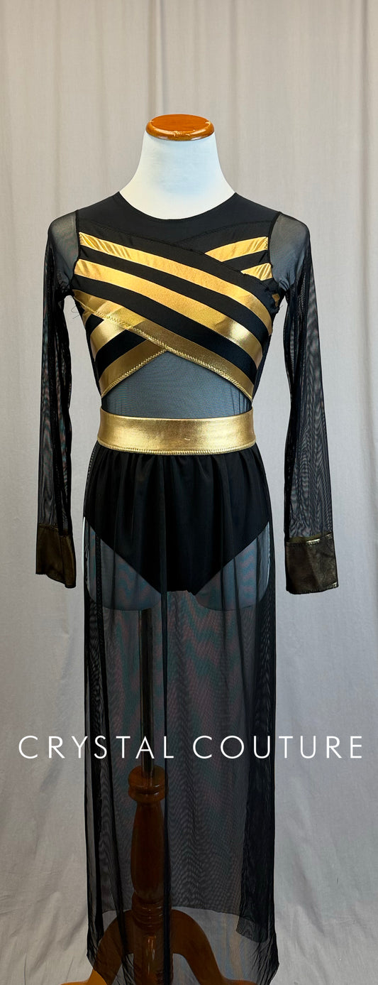 *Custom* Black and Gold Striped Long Sleeve Mesh Leotard with Skirt