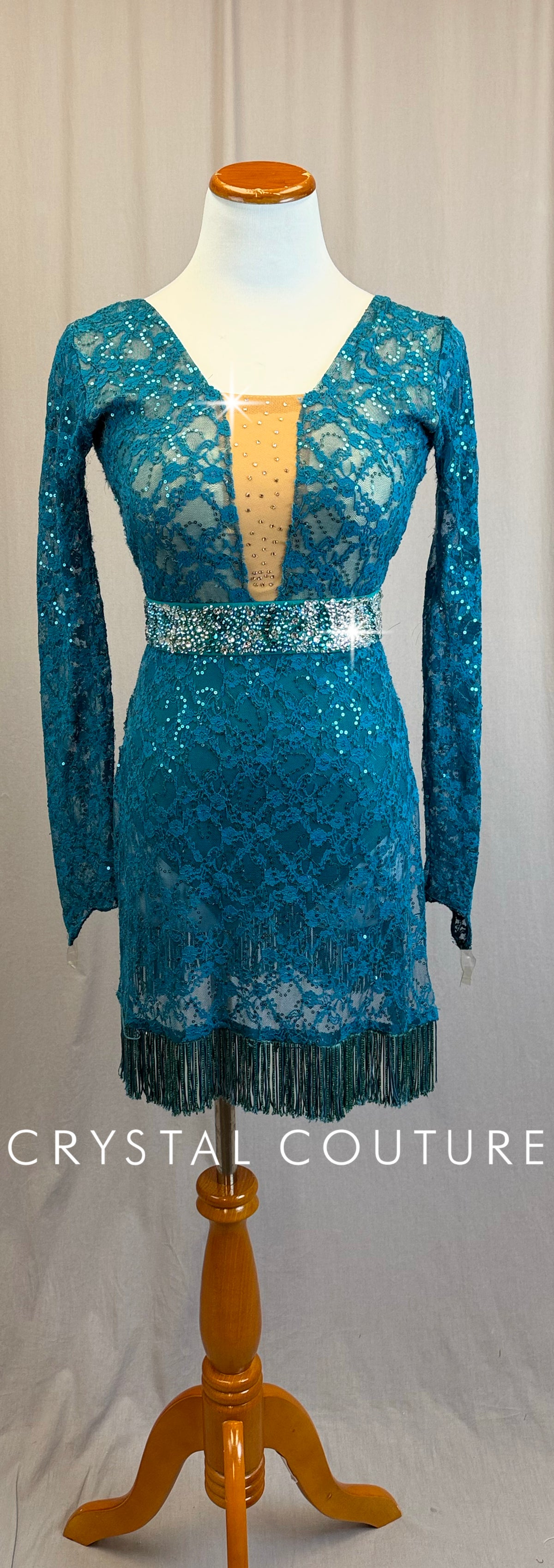 *Custom* Teal Lace Long Sleeve Dress with Beaded Fringe Trim - Rhinestones