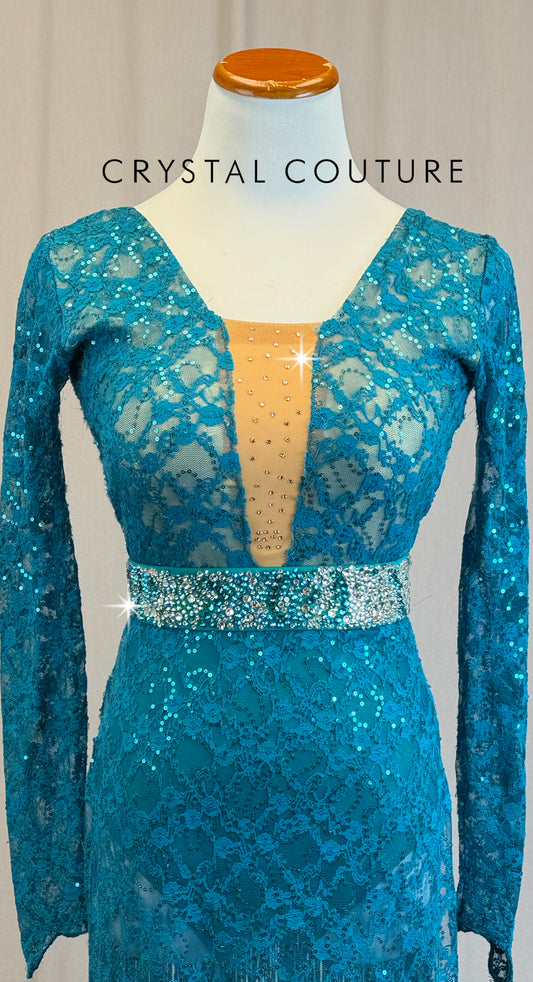 *Custom* Teal Lace Long Sleeve Dress with Beaded Fringe Trim - Rhinestones