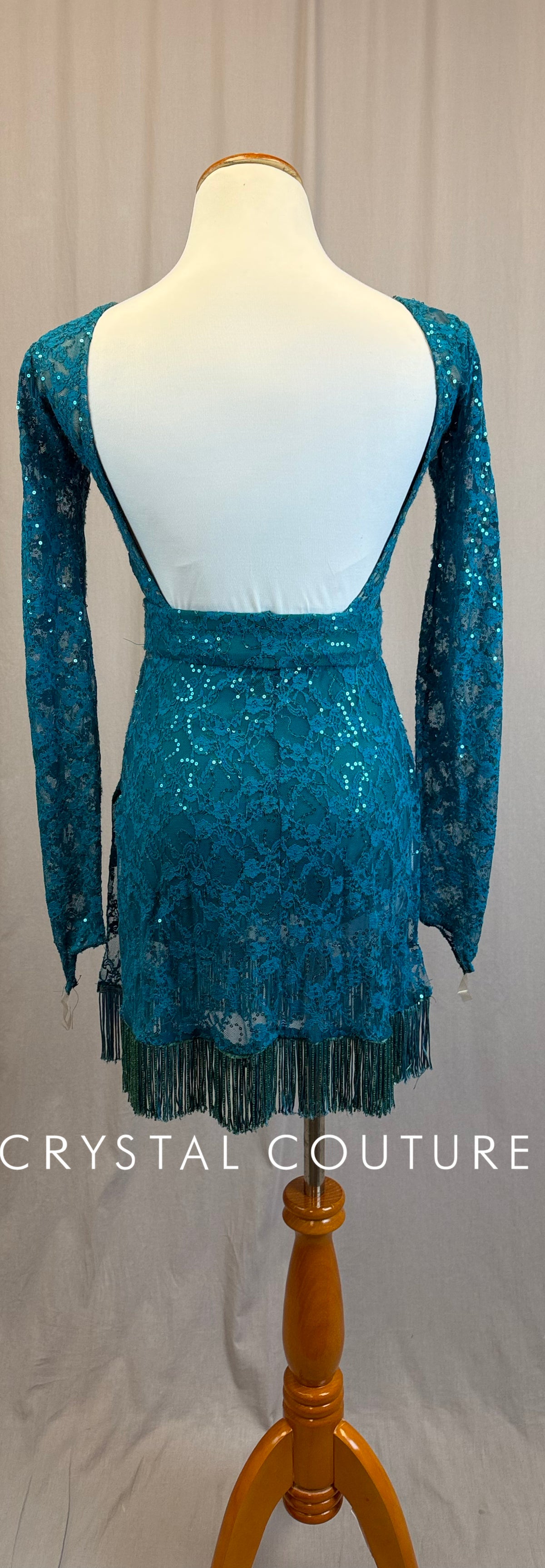 *Custom* Teal Lace Long Sleeve Dress with Beaded Fringe Trim - Rhinestones