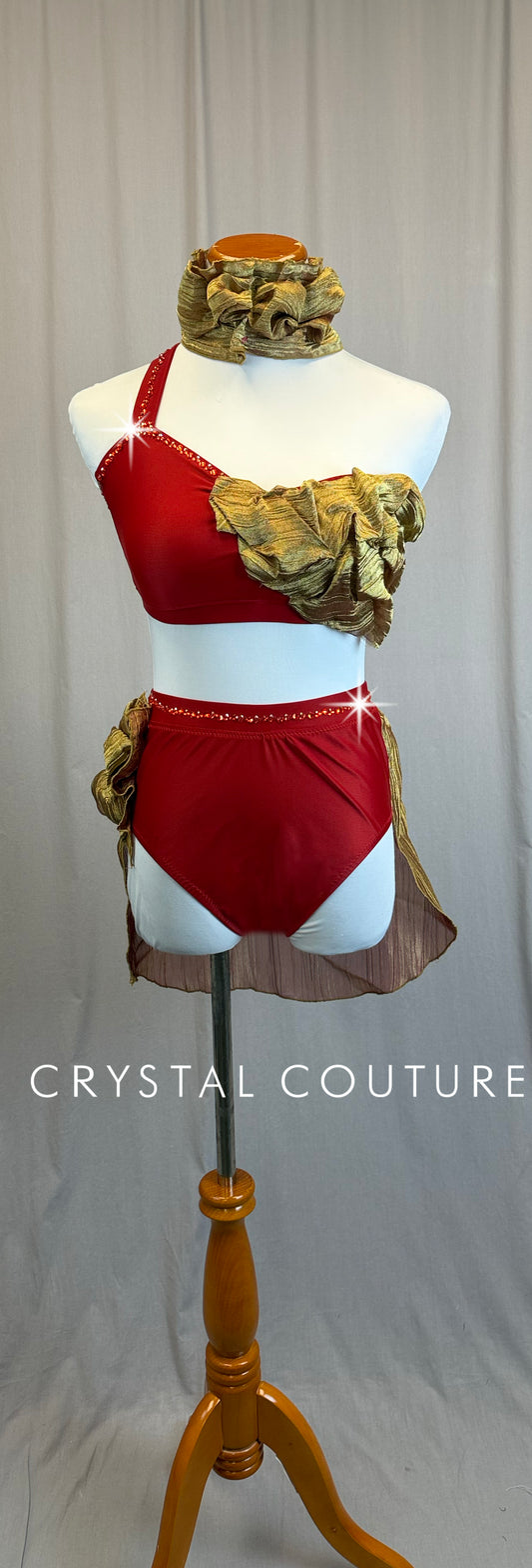 *Custom* Red and Gold Ruffled Asymmetric Bra Top and Brief Two-Piece - Rhinestones