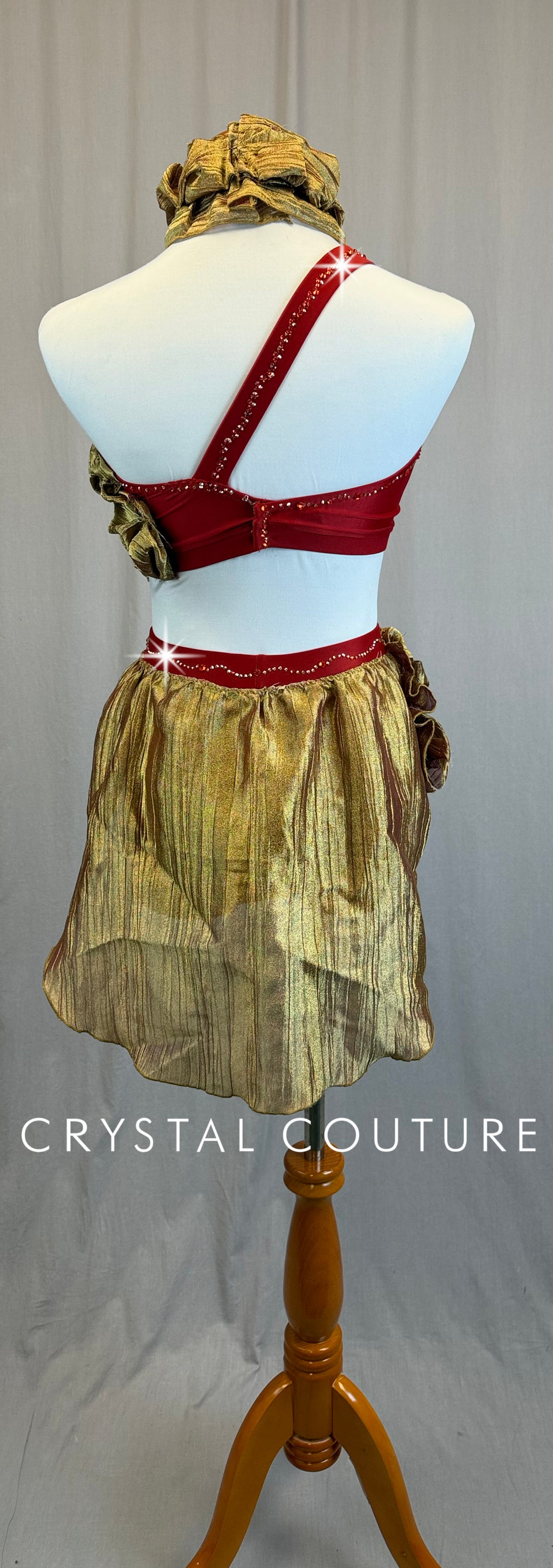 *Custom* Red and Gold Ruffled Asymmetric Bra Top and Brief Two-Piece - Rhinestones