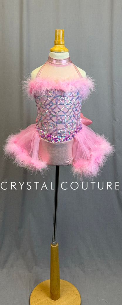 Pink Sequin and Feather Leotard with Skirt