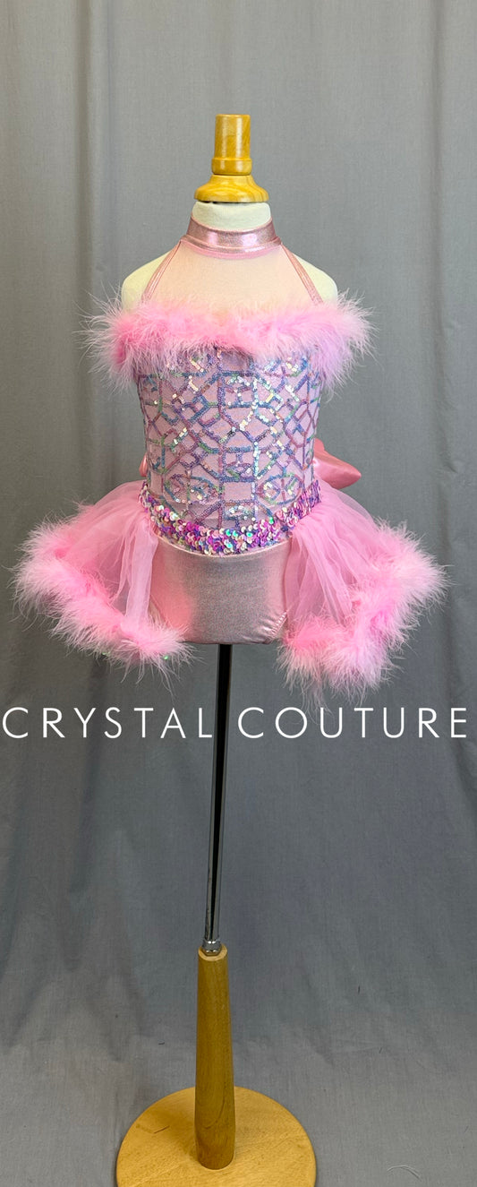 Pink Sequin and Feather Leotard with Skirt