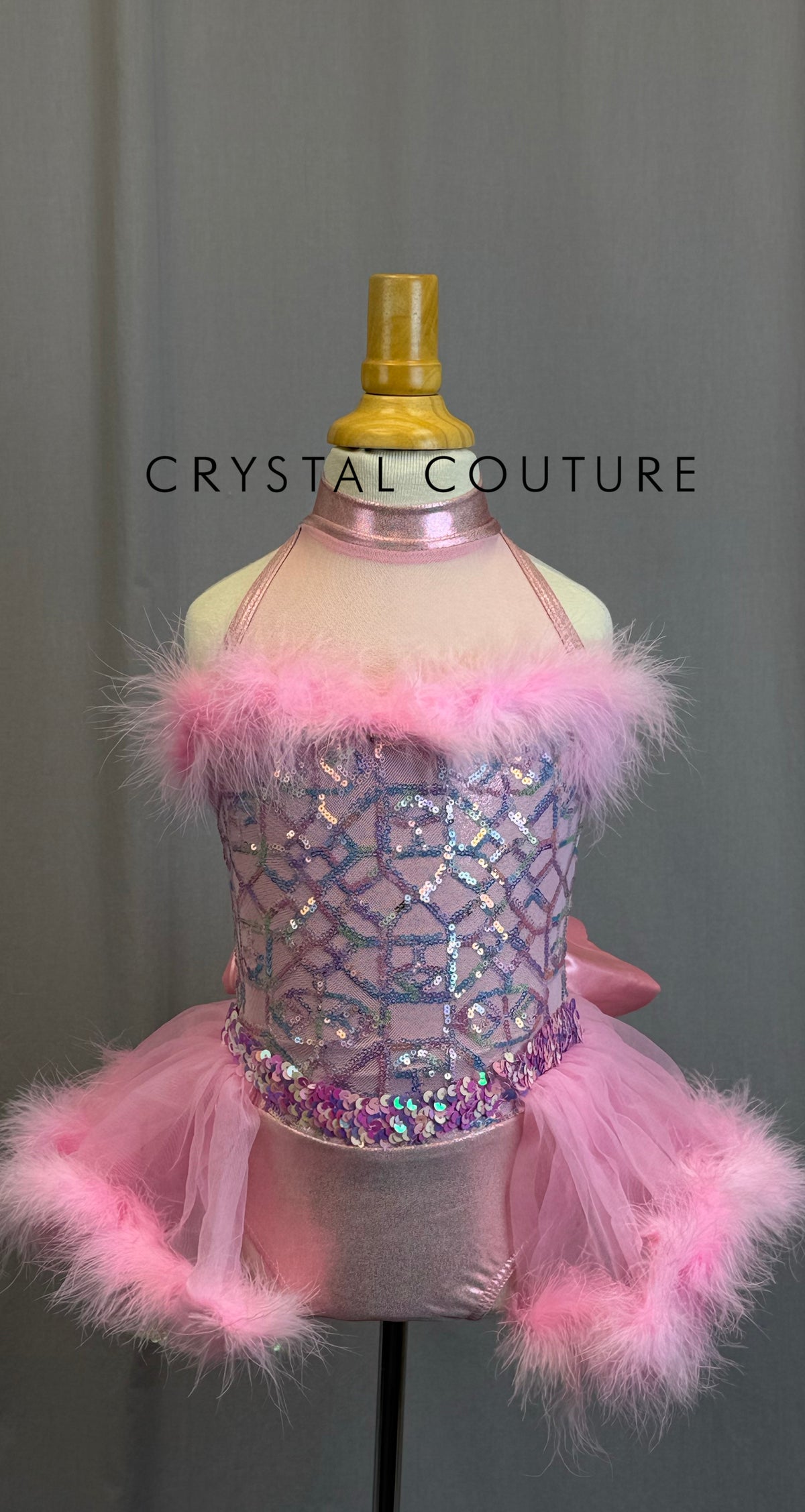 Pink Sequin and Feather Leotard with Skirt