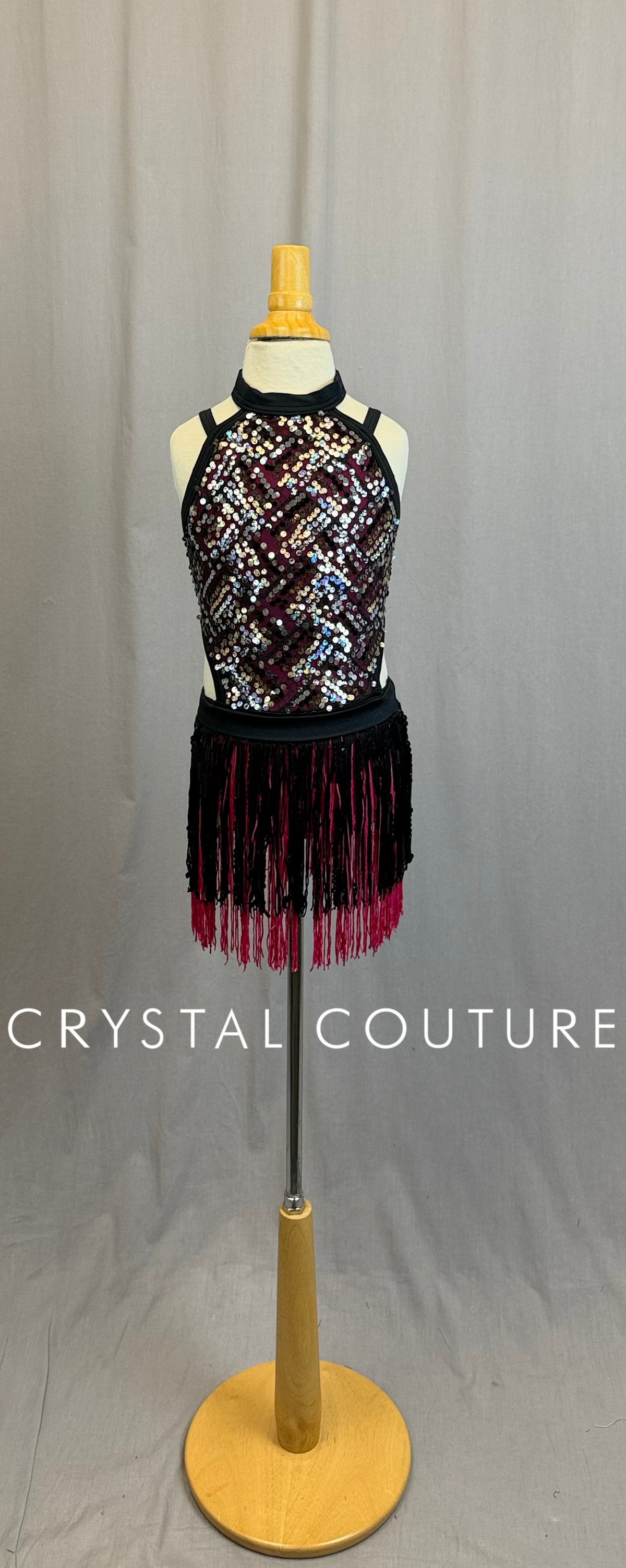 Black and Pink Sequin and Fringe Leotard