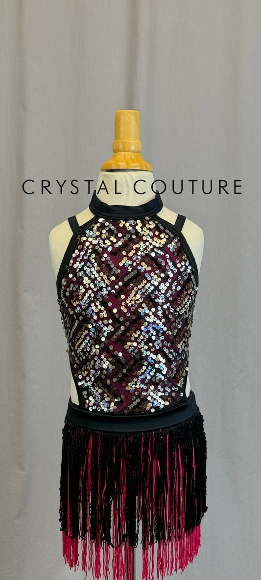 Black and Pink Sequin and Fringe Leotard
