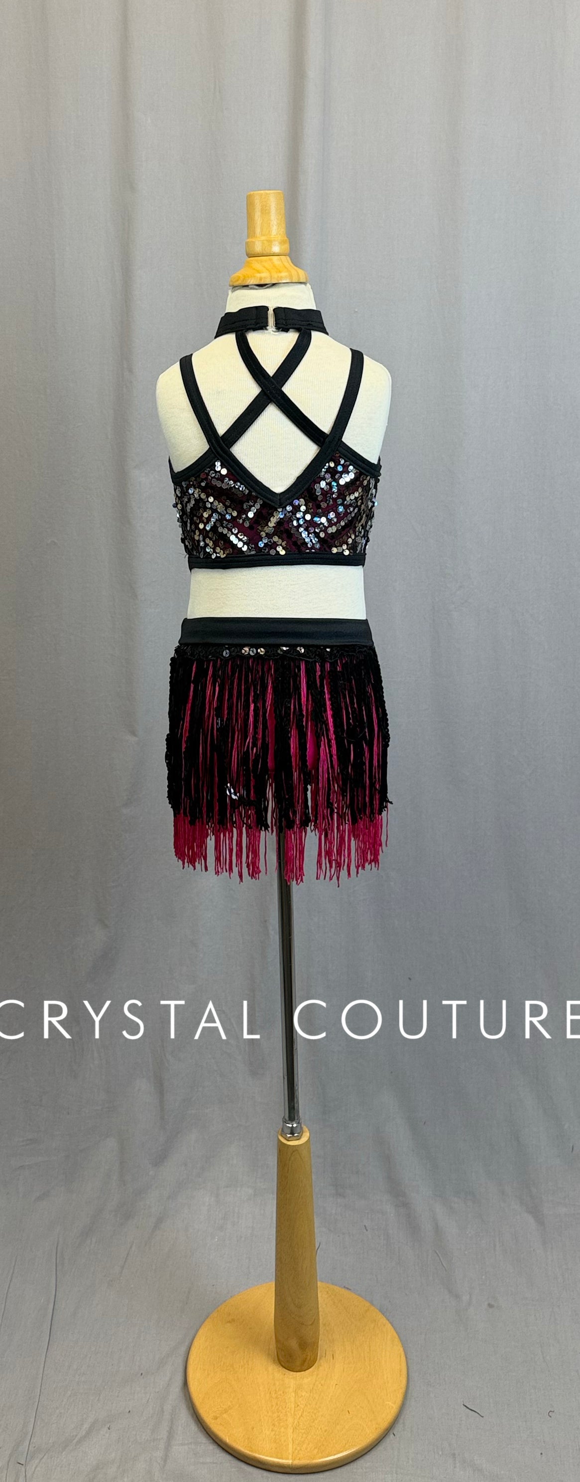 Black and Pink Sequin and Fringe Leotard