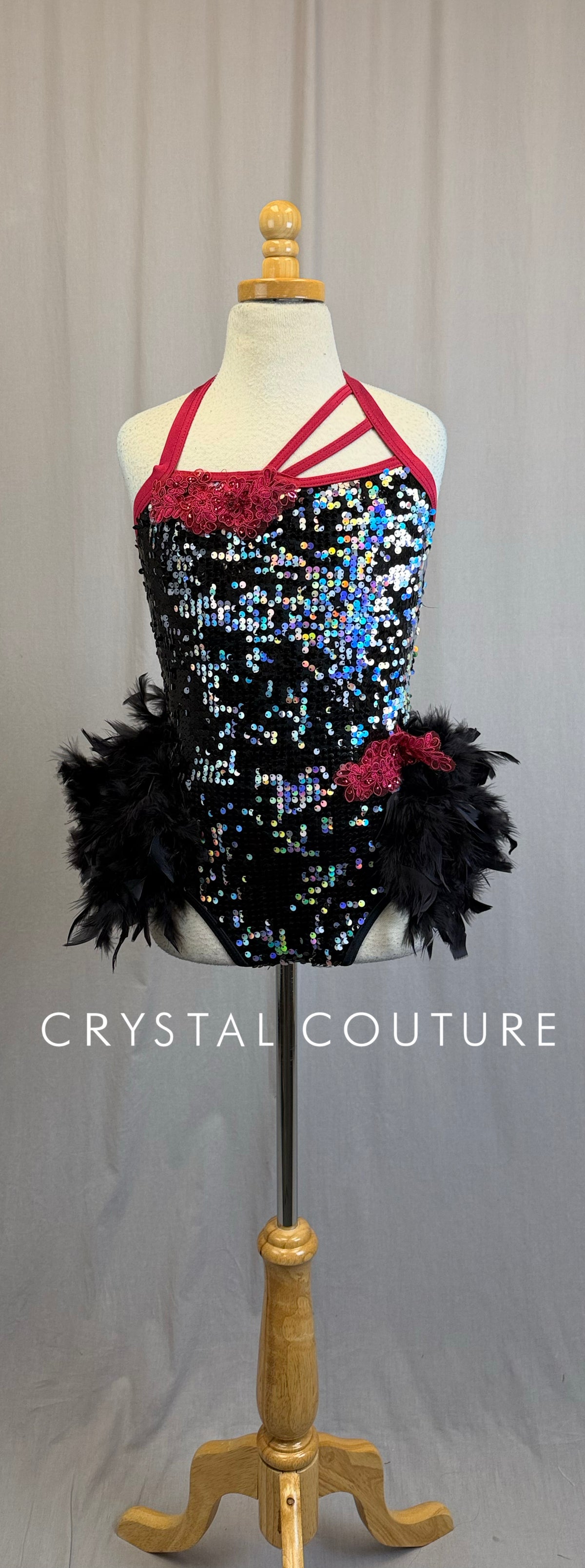 Black and Silver Sequin Feather Bustle Leotard with Pink Accents