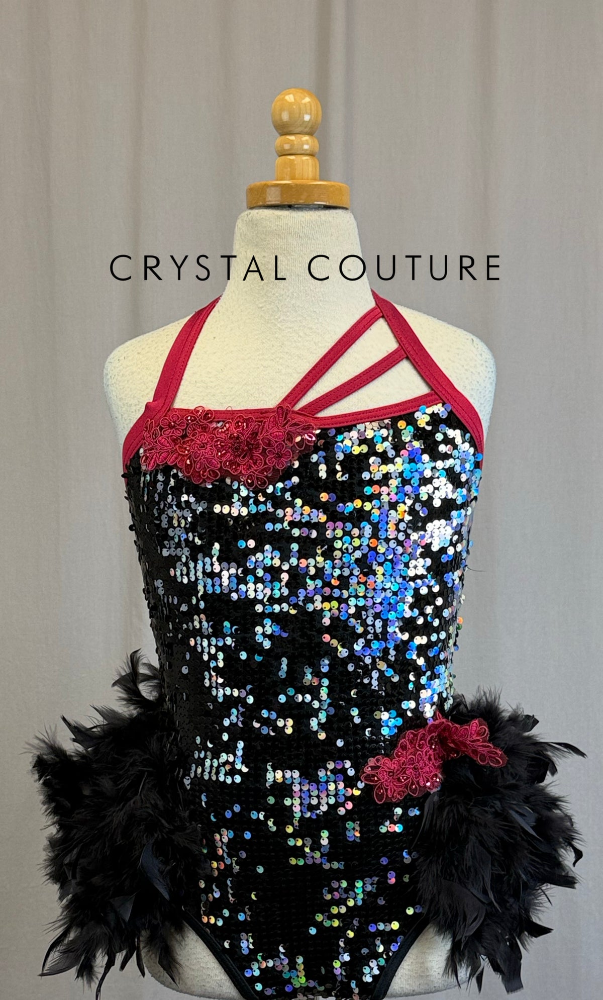 Black and Silver Sequin Feather Bustle Leotard with Pink Accents