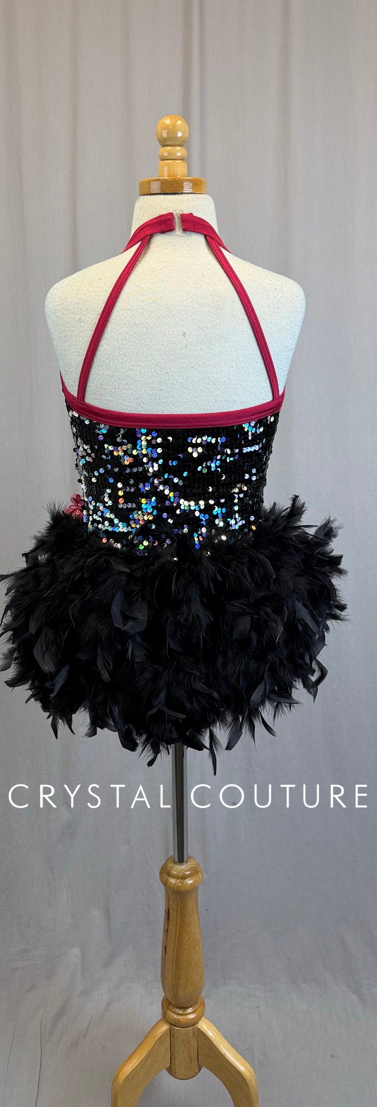 Black and Silver Sequin Feather Bustle Leotard with Pink Accents