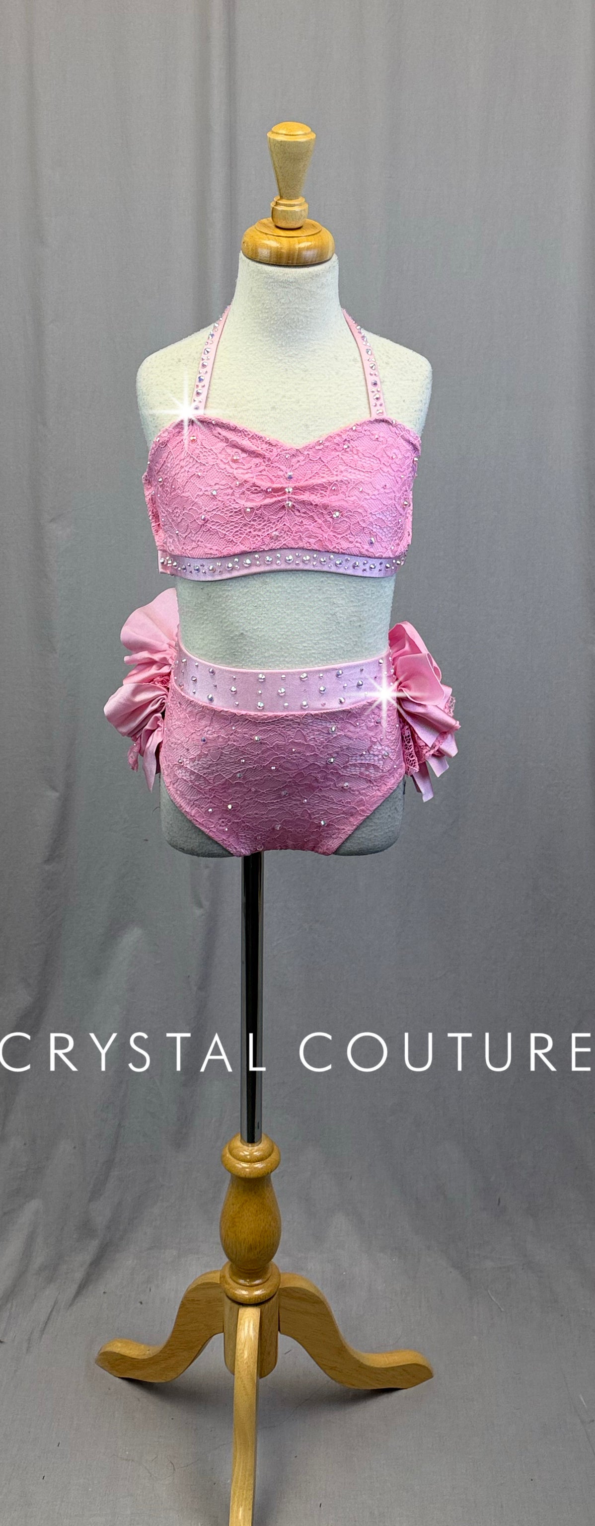Pink Lace Bra Top and Brief with Ruffle Bustle Two-Piece Set-Rhinestones