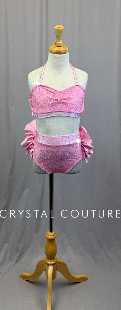 Pink Lace Bra Top and Brief with Ruffle Bustle Two-Piece Set-Rhinestones