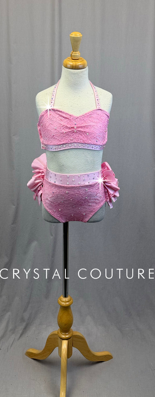 Pink Lace Bra Top and Brief with Ruffle Bustle Two-Piece Set-Rhinestones
