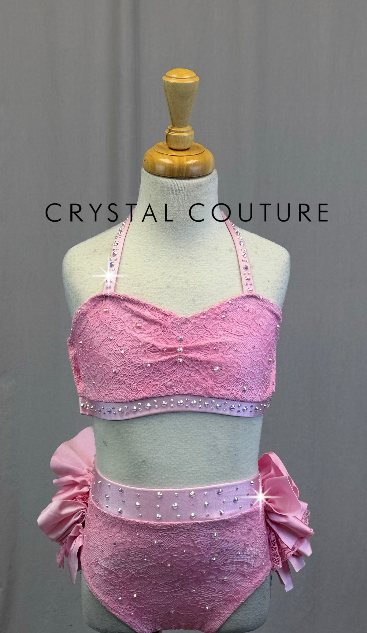 Pink Lace Bra Top and Brief with Ruffle Bustle Two-Piece Set-Rhinestones