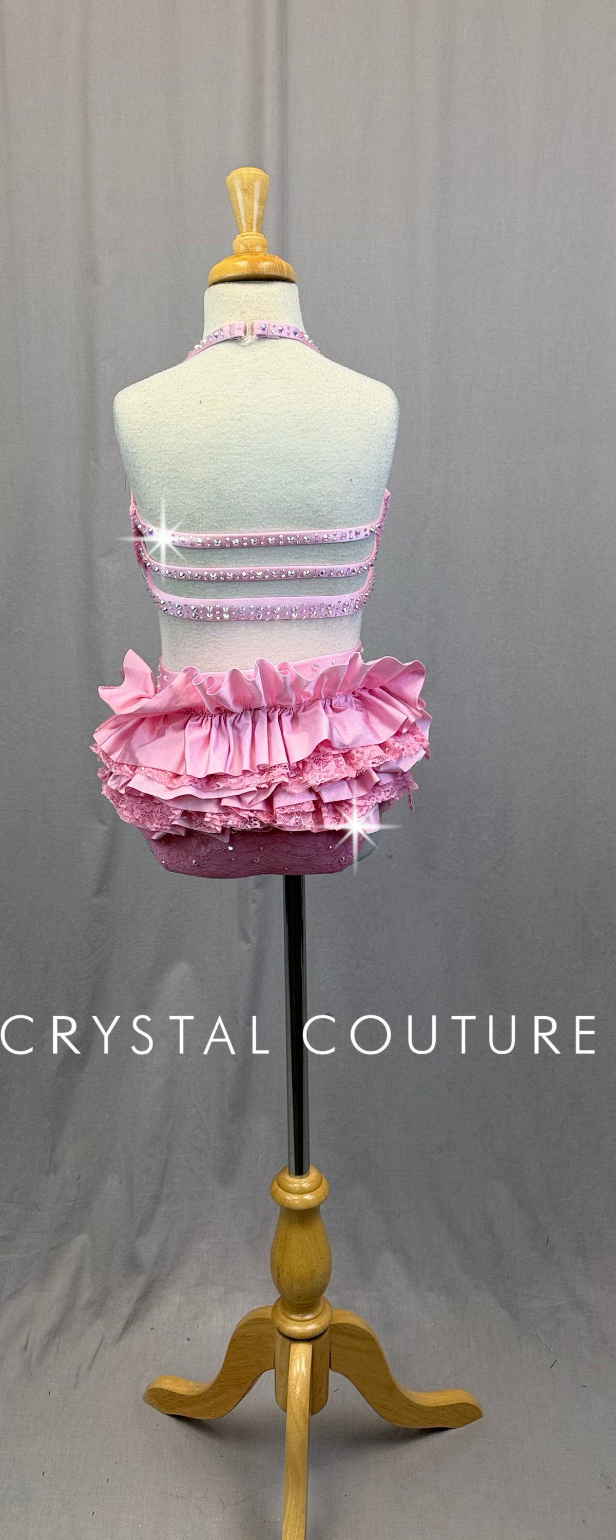 Pink Lace Bra Top and Brief with Ruffle Bustle Two-Piece Set-Rhinestones