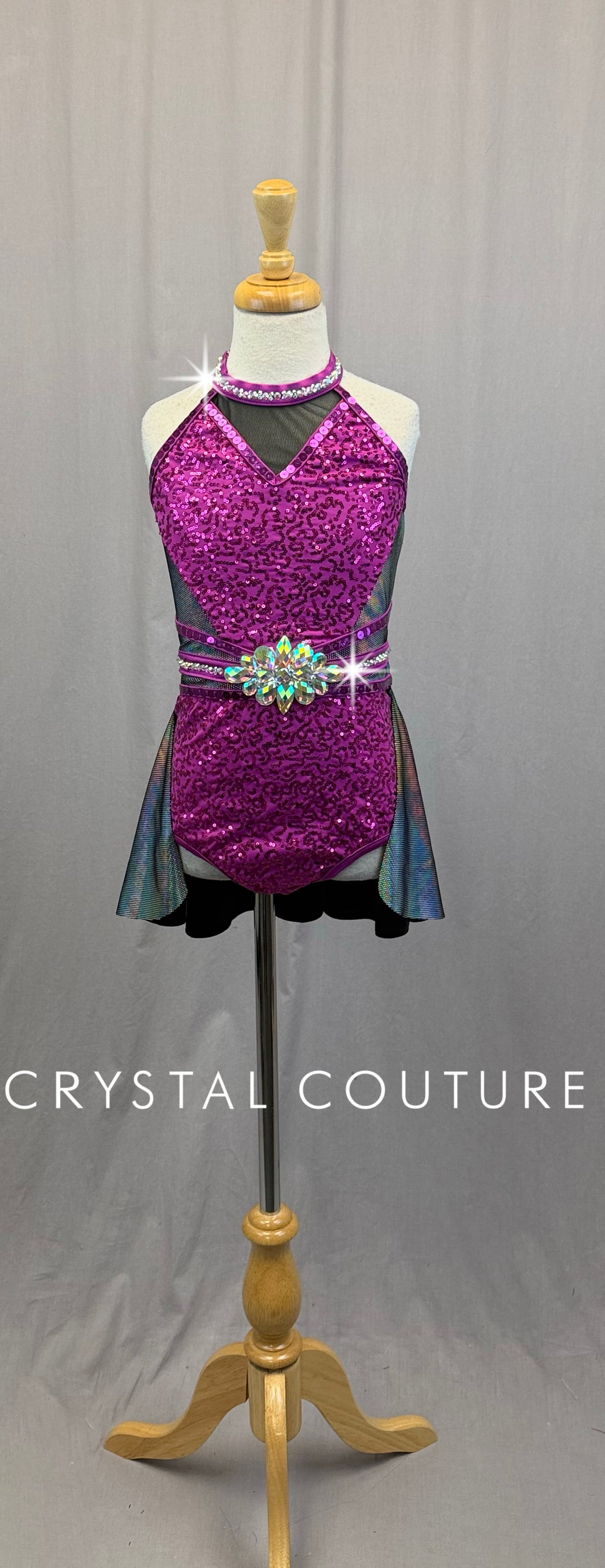 Purple Sequin and Silver Holographic Leotard with Gemstone Accent -Rhinestones