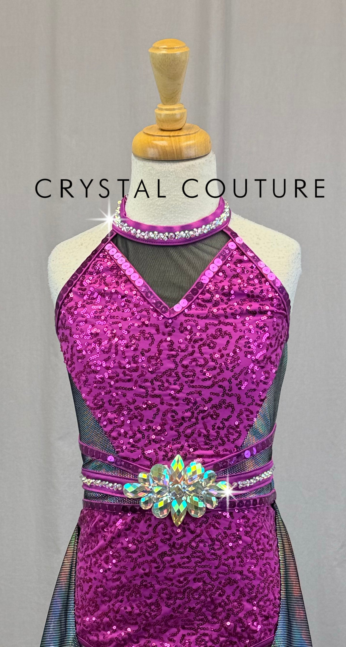 Purple Sequin and Silver Holographic Leotard with Gemstone Accent -Rhinestones