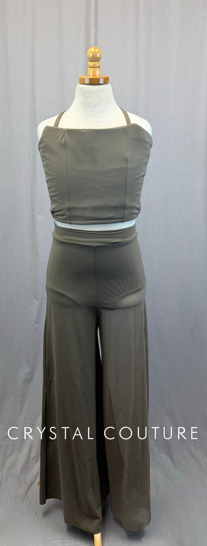 Taupe Corset Top and Asymetrical Mesh Pant Two-Piece Set