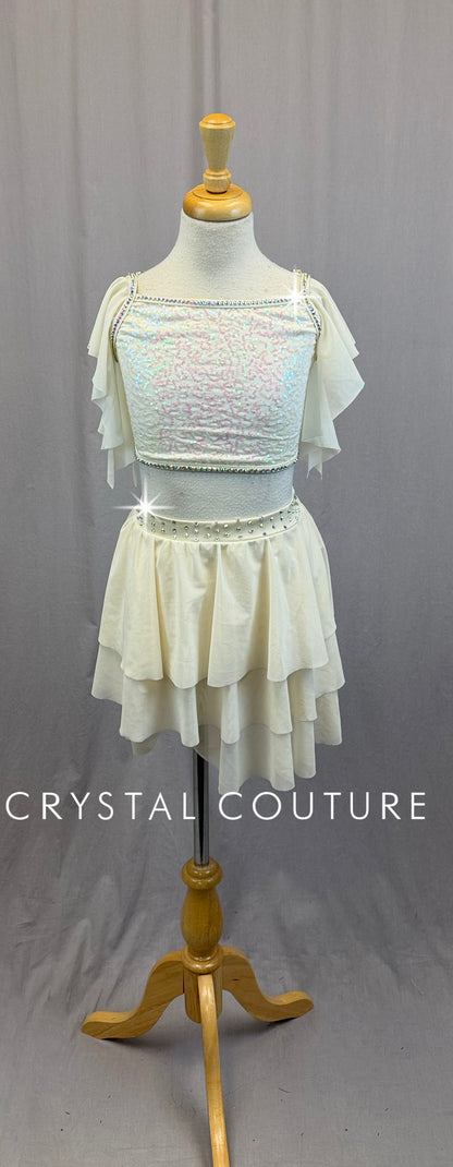 Cream Flutter Sleeve Sequin and Mesh Two-Piece Set - Rhinestones